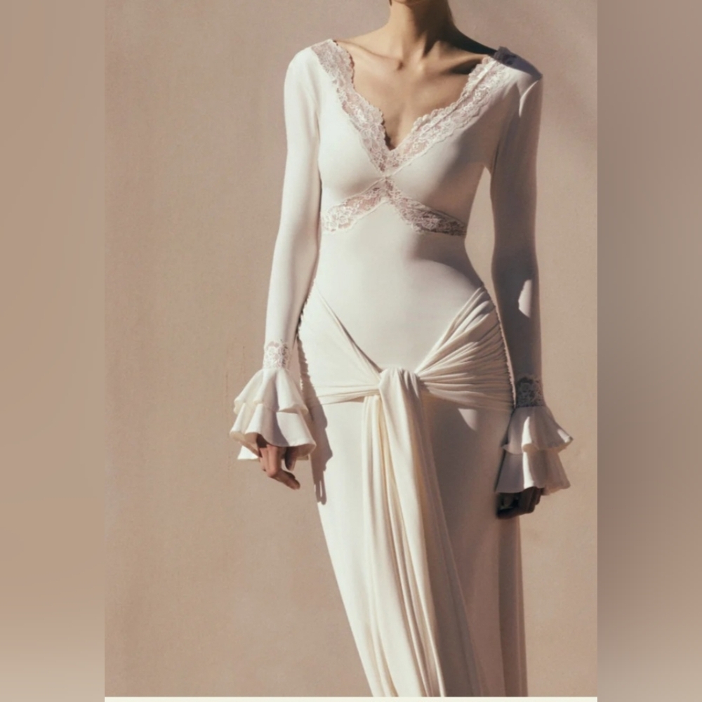 Elegant Cream Lace-Trimmed Maxi Dress